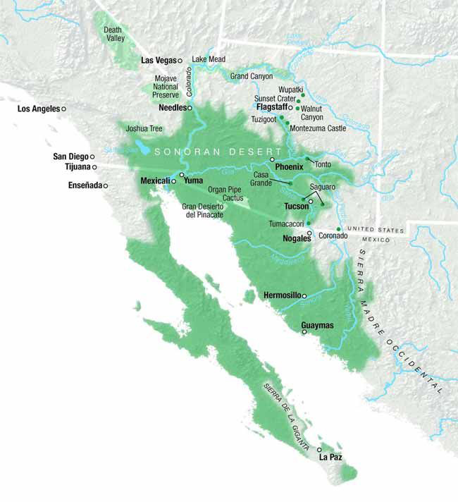 The Sonoran Desert spans California, Arizona, and Northwestern Mexico. (Illustration from Western National Parks Association, www.wnpa.org) 